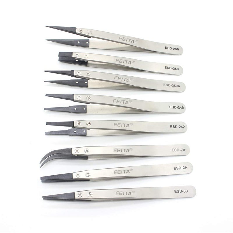 FEITA Precision Tweezer Set - FEITA Antistatic Replaceable Fiber Tip Stainless Steel ESD Tweezers for Electronics, Jewelry-Making, Laboratory, Hobby (8 Pcs) - Image 1